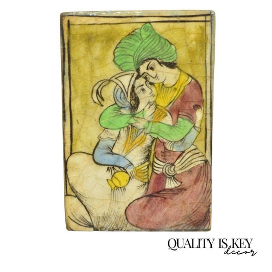 Antique Persian Iznik Qajar Style Yellow Ceramic Pottery Tile Loving Couple C5