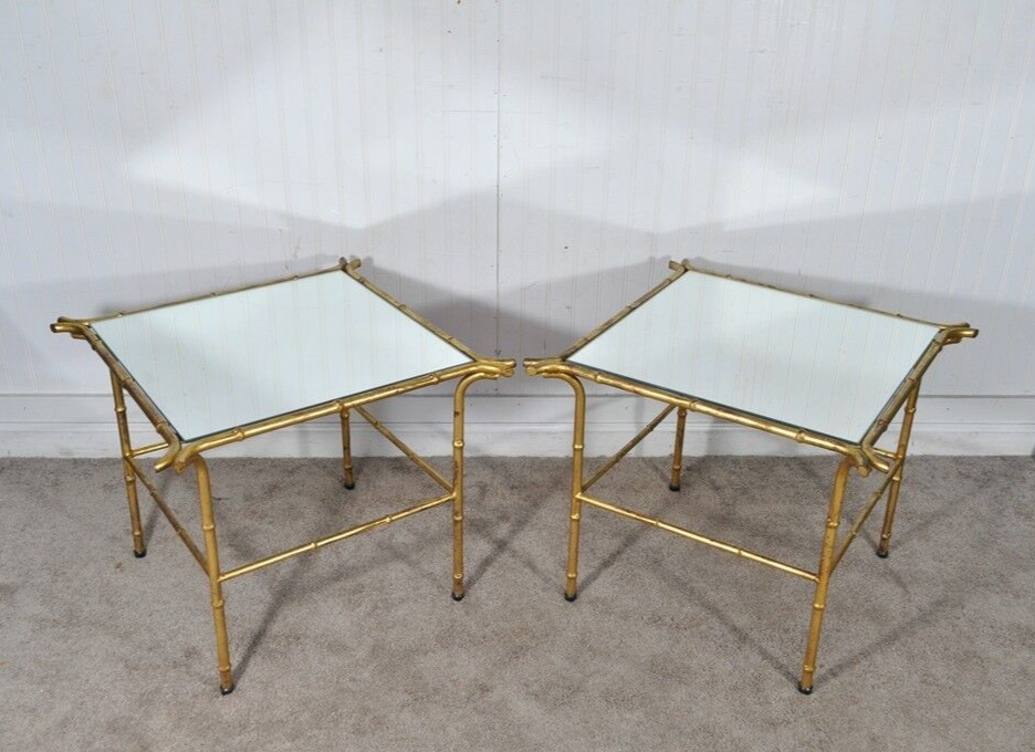 Pair Vintage Italian Hollywood Regency Faux Bamboo Gold Mirror Iron Side Tables