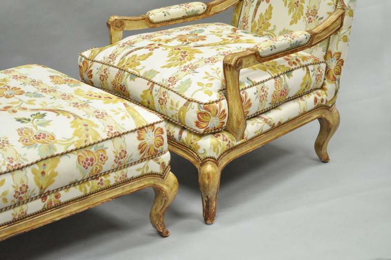 Nancy Corzine French Provincial Louis XV Style Bergere Lounge Chair and Ottoman