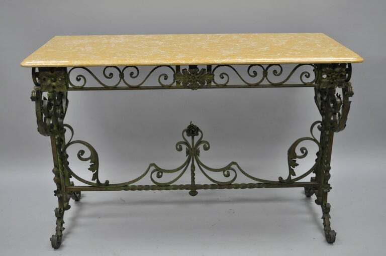 French Art Nouveau Green Wrought Iron Marble Top Scrolling Console Hall Table