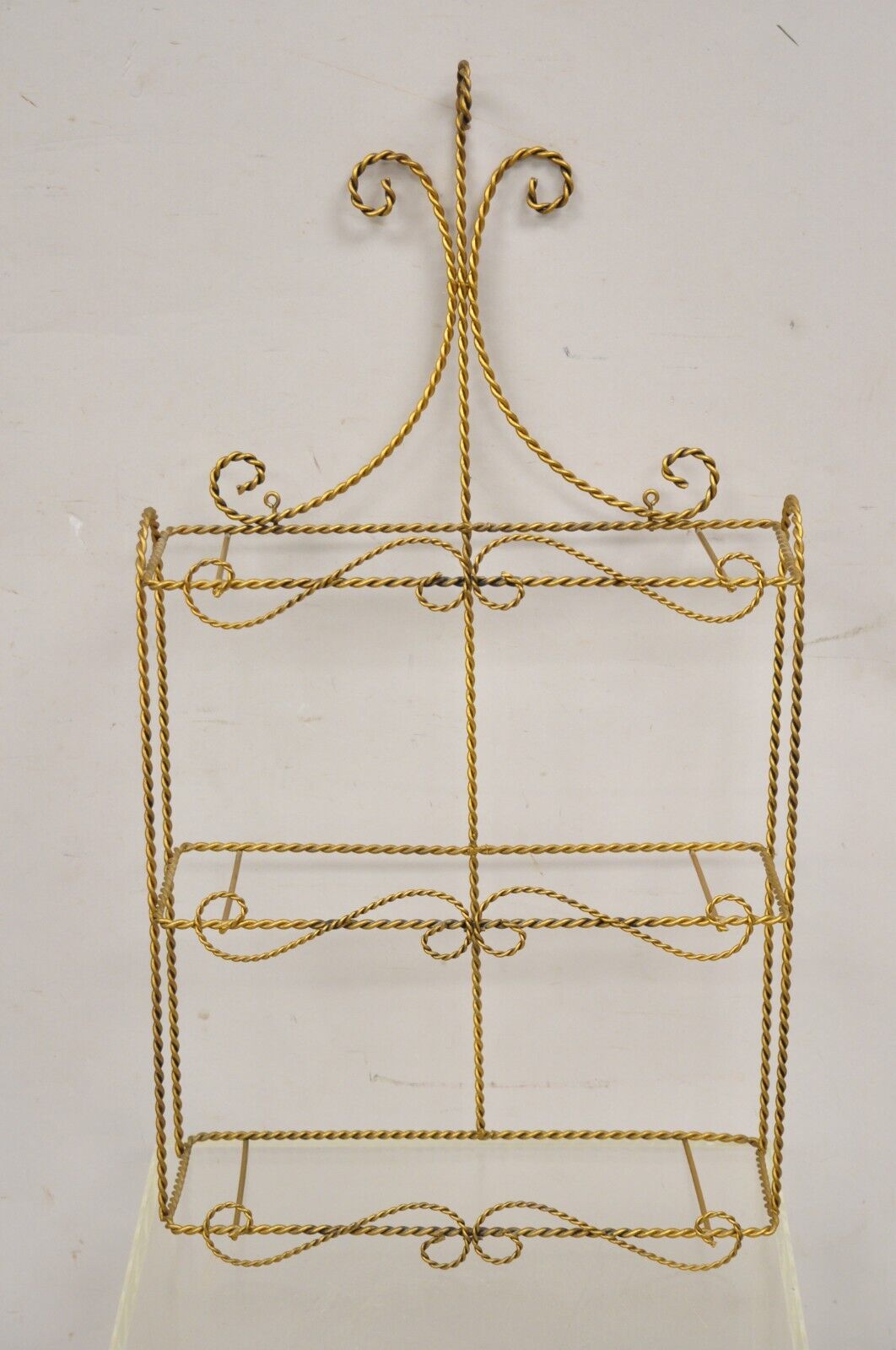 Vintage Gold Gilt Metal Hollywood Regency Scrolling Iron 3 Tier Small Wall Shelf