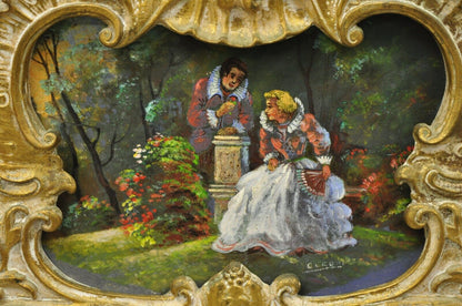 Vtg Gold Giltwood French Victorian Style Wall Mirror with Painted Courting Scene