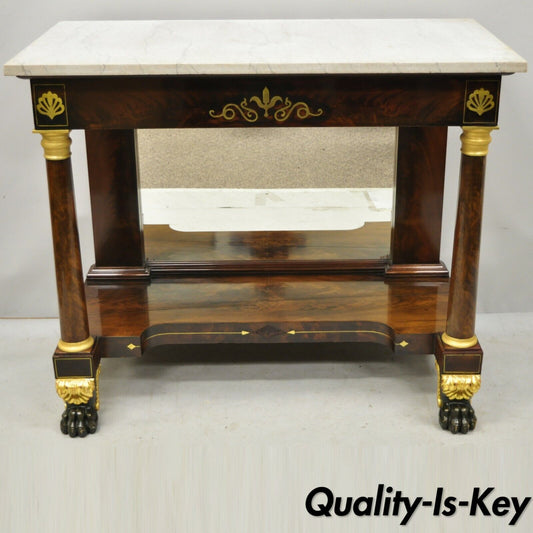 19th Century French Empire Marble Top Bronze Ormolu Paw Feet Console Hall Table