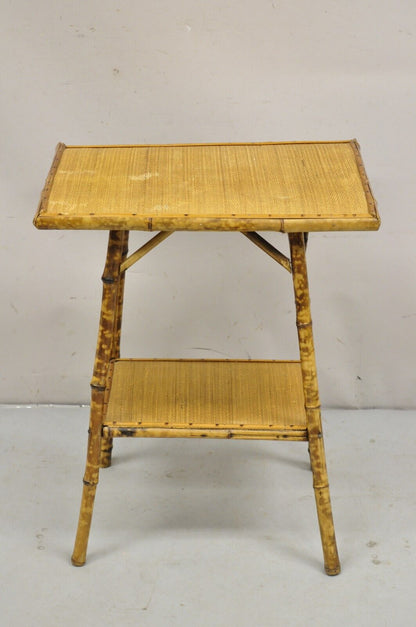 Antique English Victorian Bamboo and Cane 2 Tier Plant Stand Side Table