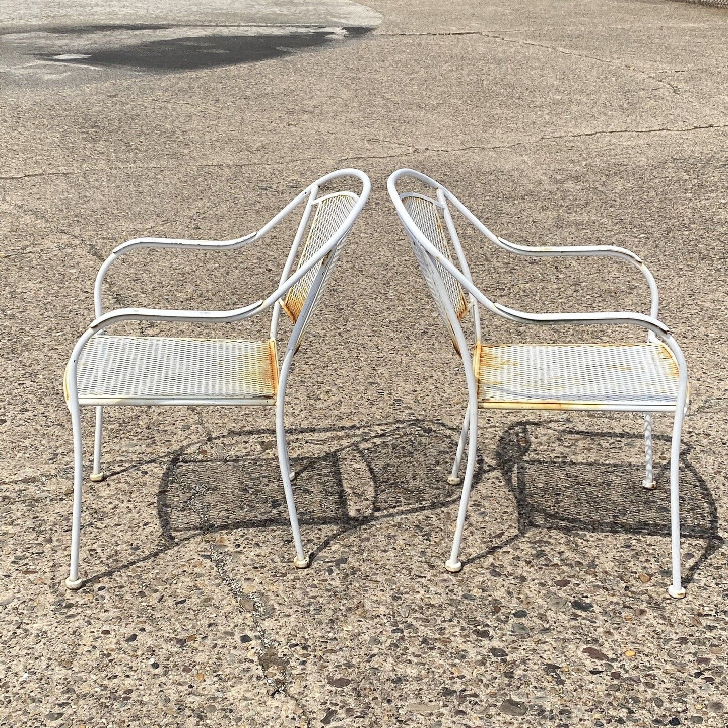 Modern Wrought Iron Sculptural White Outdoor Patio Stacking Arm Chairs - Set 4