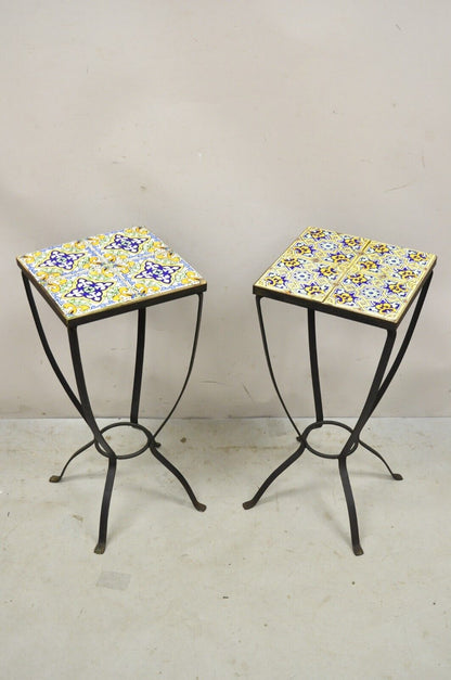 Vtg Arts & Crafts Style Yellow Blue Tile Top Iron Plant Stand Side Table - Pair
