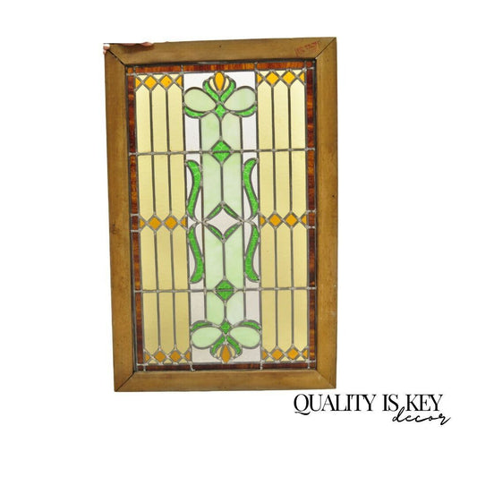 Antique Victorian Leaded Stained Glass Green Amber Tortoise Window in Wood Frame