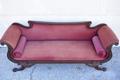 Antique American Empire Mahogany Frame Carved Paw Feet Scroll Arm Sofa