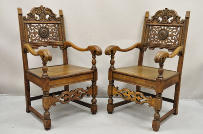 Antique Vanleigh Carved Oak Italian Renaissance Style Throne Arm Chairs - a Pair