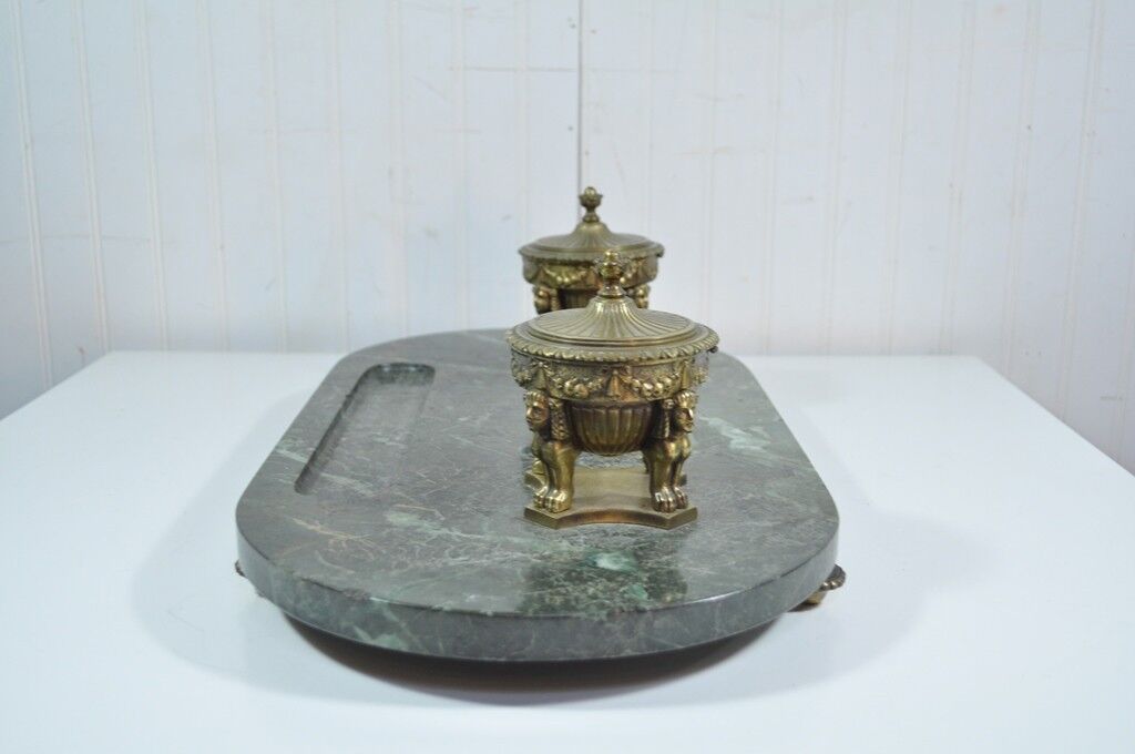 Antique French Empire Styl Figural Bronze Green Marble Double Inkwell Neoclassic