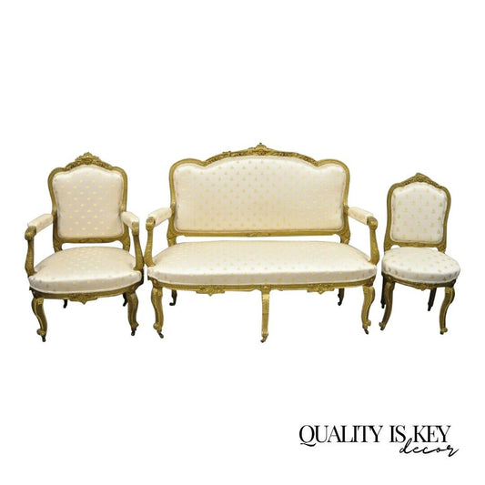 19th Century French Louis XV Style Gold Gilt Wood 3 Piece Parlor Salon Suite