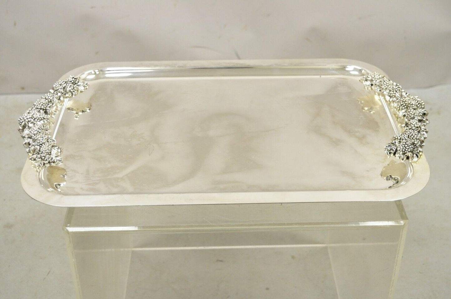 E.P. Steel Rectangle Silver Plated Grape Cluster Handle Serving Platter Tray