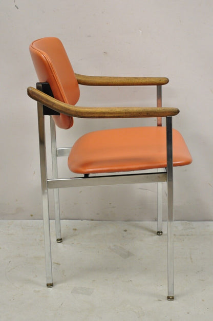 Vintage Mid Century Modern Orange Chrome Frame Sloped Wooden Arm Chair