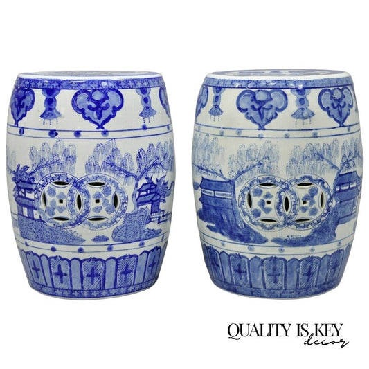 Pair of Blue & White Porcelain Chinese Oriental Drum Garden Seat Pedestal