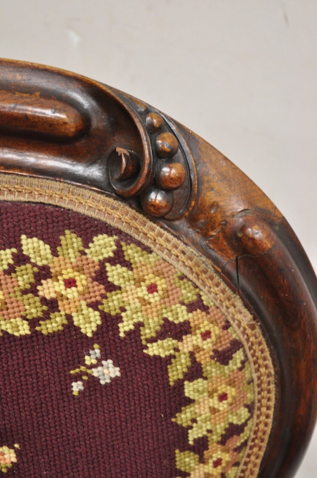 Victorian Burgundy Floral Needlepoint Carved Mahogany Balloon Back Side Chair