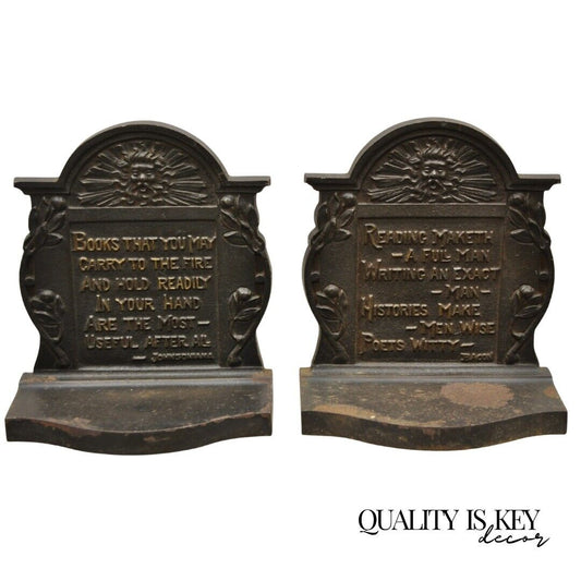 Antique Cast Iron Art Nouveau Johnsonsoniana and Bacon quote Bookends