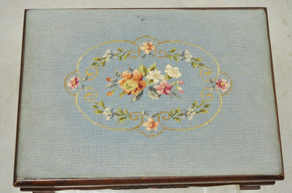 Antique Victorian Mahogany Blue Floral Needlepoint Footstool Ottoman