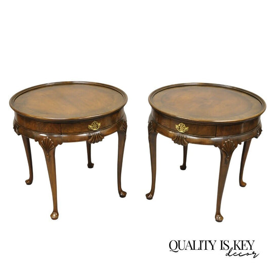 Pair Baker Furniture English Queen Anne Style Burl Walnut Round Side End Tables