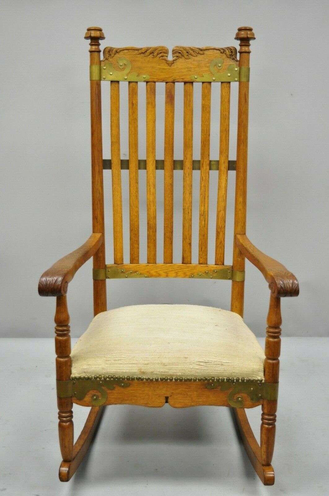 Antique Victorian Oak Wood Arts & Crafts Rocker Rocking Chair with Brass Accents