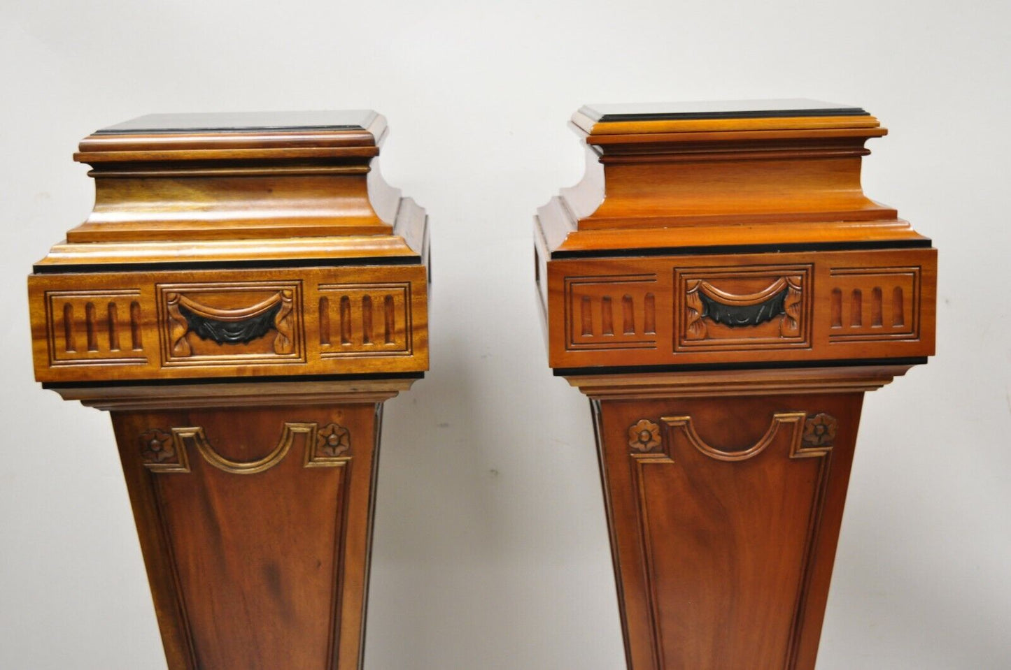 20th C. French Empire Neoclassical Mahogany Wood Pedestal Plant Stands - a Pair