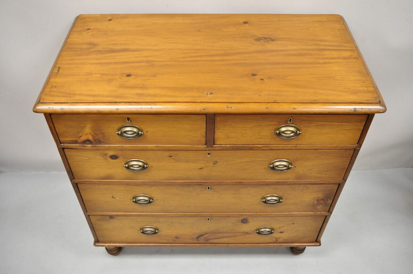 19th C. Antique Pine Wood 5 Drawer Primitive Colonial Chest Of Drawers Dresser