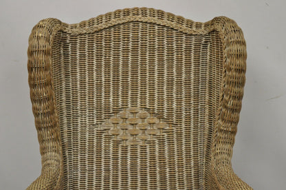 Large Woven Wicker Rattan Victorian Style Wingback Lounge Arm Chair