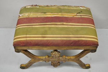 Vintage Spanish Regency Carved Wood X-Frame Gold Upholstered Stool Bench