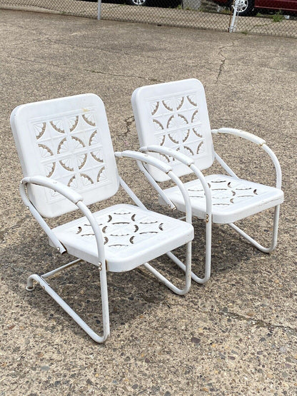 Vintage Starburst Pie Crest Metal Outdoor Patio Springer Lounge Chairs - a Pair