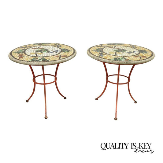Dragonfly Mosaic Tile Round Stone Top Iron Base Patio Side Tables - a Pair