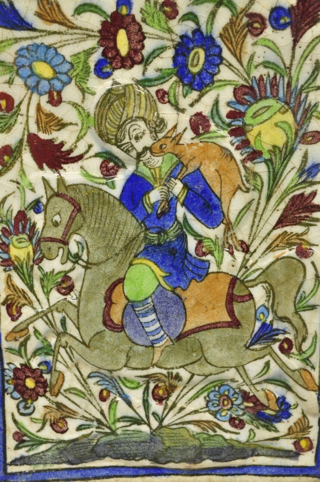 Antique Persian Iznik Qajar Style Ceramic Pottery Tile Horse Rider Hunt Scene C1