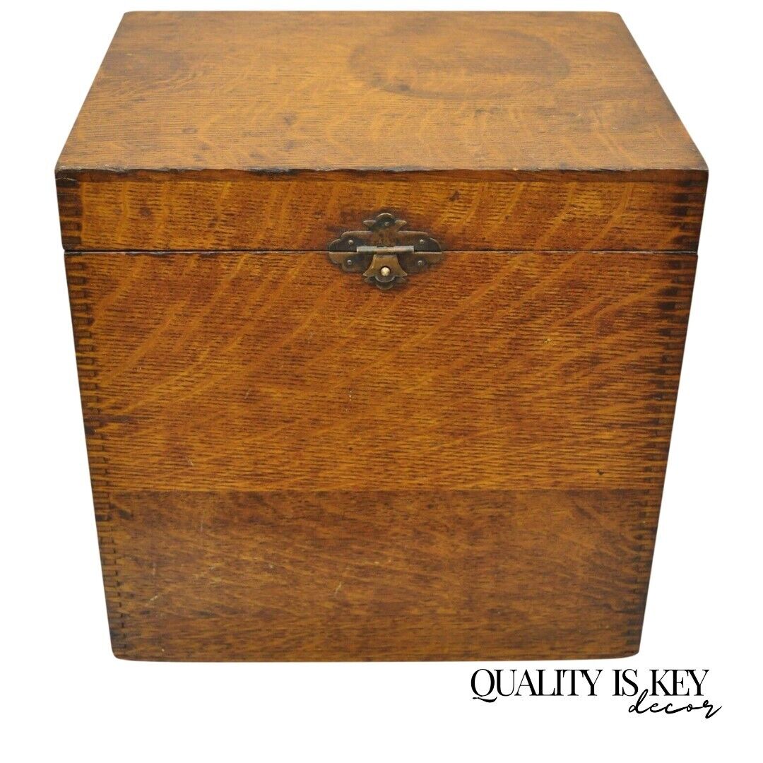 Antique 11" Oak Wood Arts & Crafts Storage Hinged Sewing Box