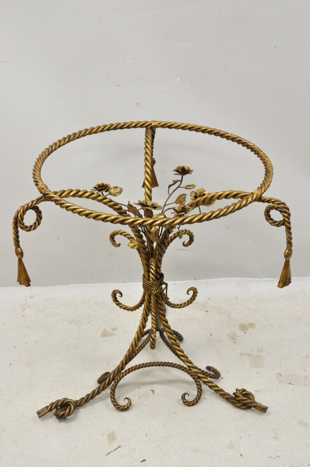 Italian Hollywood Regency Gold Gilt Iron Rope & Tassel Glass Top Center Table