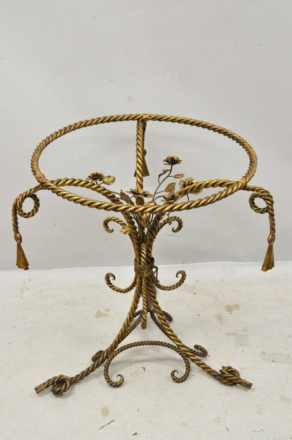 Italian Hollywood Regency Gold Gilt Iron Rope & Tassel Glass Top Center Table