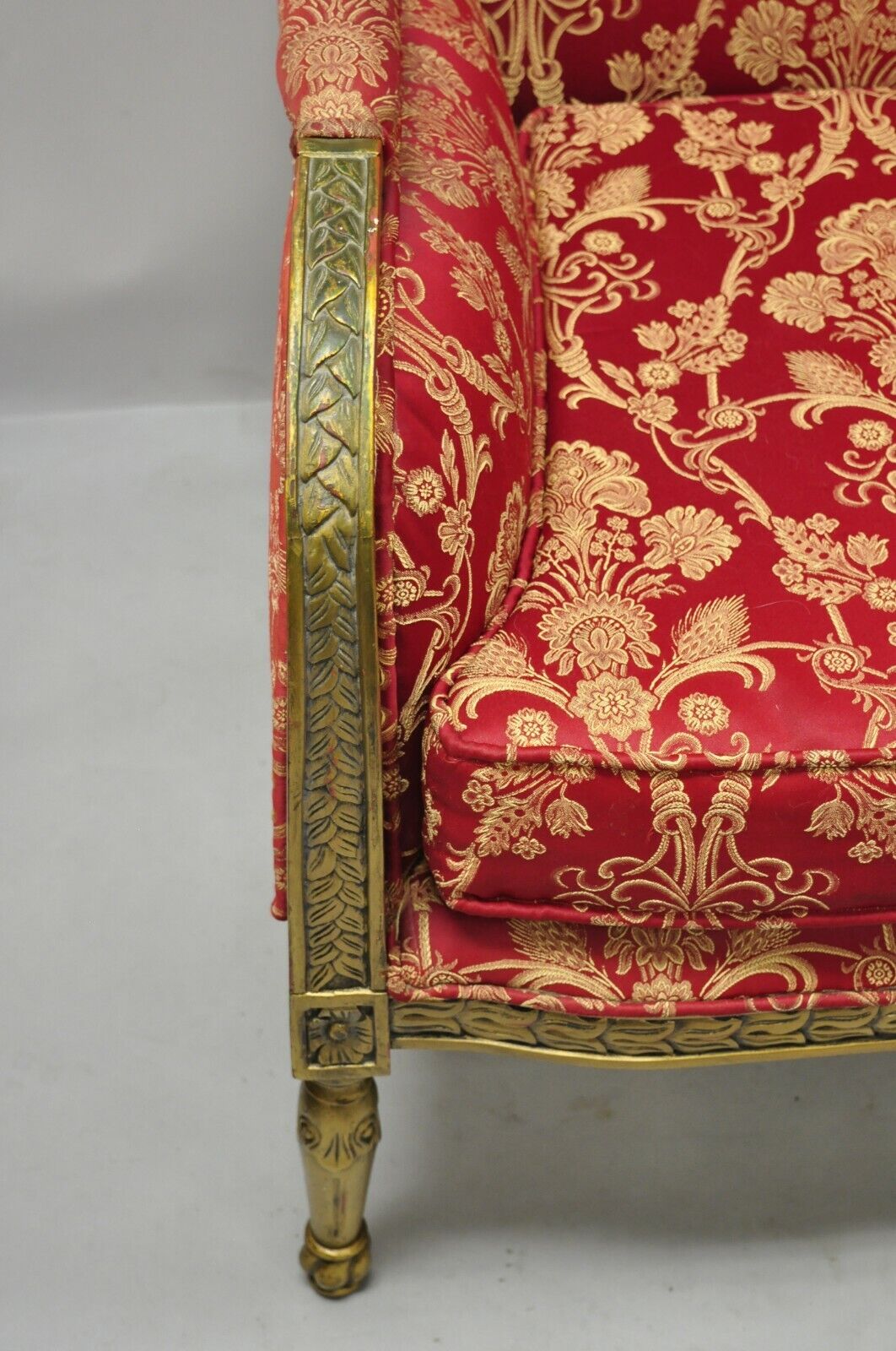 French Louis XVI Style Gold Red Upholstered Settee Sofa Loveseat Decorator Chair