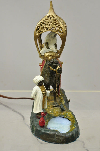 Austrian Orientalist Cold Painted Spelter Man and Camel Watering Hole Table Lamp