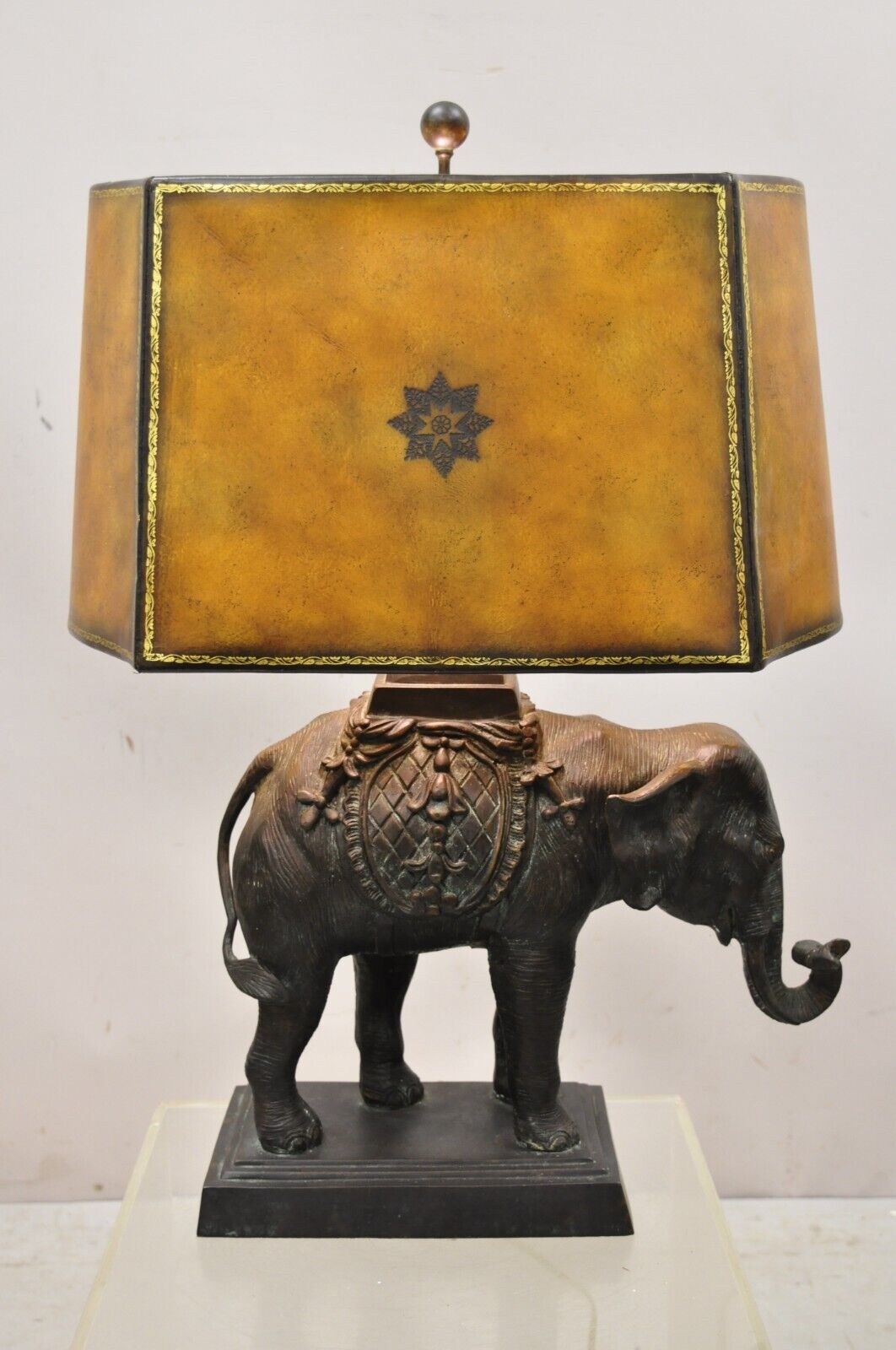 Maitland Smith Bronze Figural Elephant Table Lamp Faux Tooled Leather Shade (A)