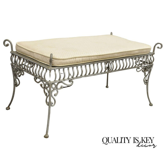 Decorator Wrought Iron Scrolling French Country Style Gray Lattice Bench