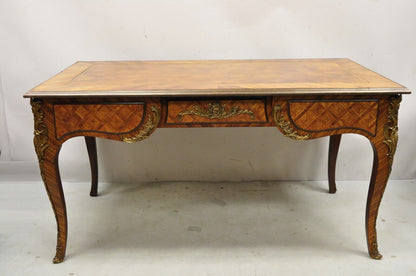 French Louis XV Italian Bronze Figural Ormolu Brown Leather Top Desk Bureau Plat