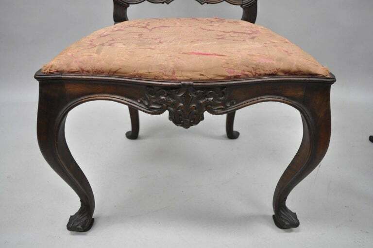 Set of Six Antique Italian Baroque Carved Walnut French Style Dining Chairs