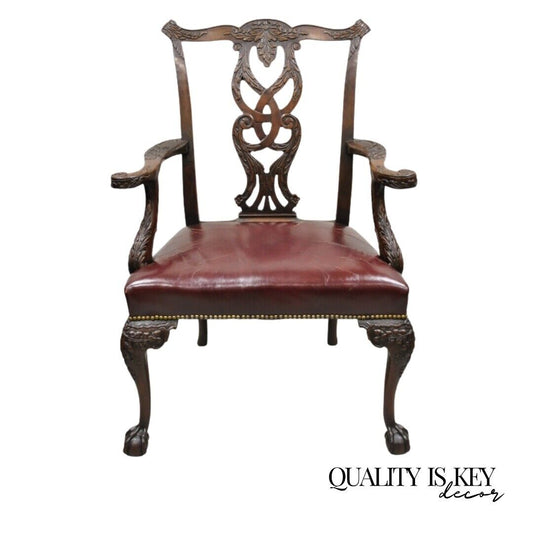 Antique Carved Mahogany Chippendale Style Ball and Claw Leather Arm Chair