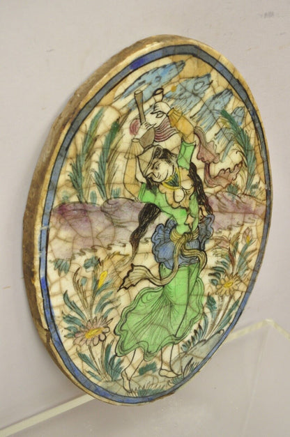 Antique Persian Iznik Qajar Style Ceramic Pottery Oval Tile Green Lady Dancer C3