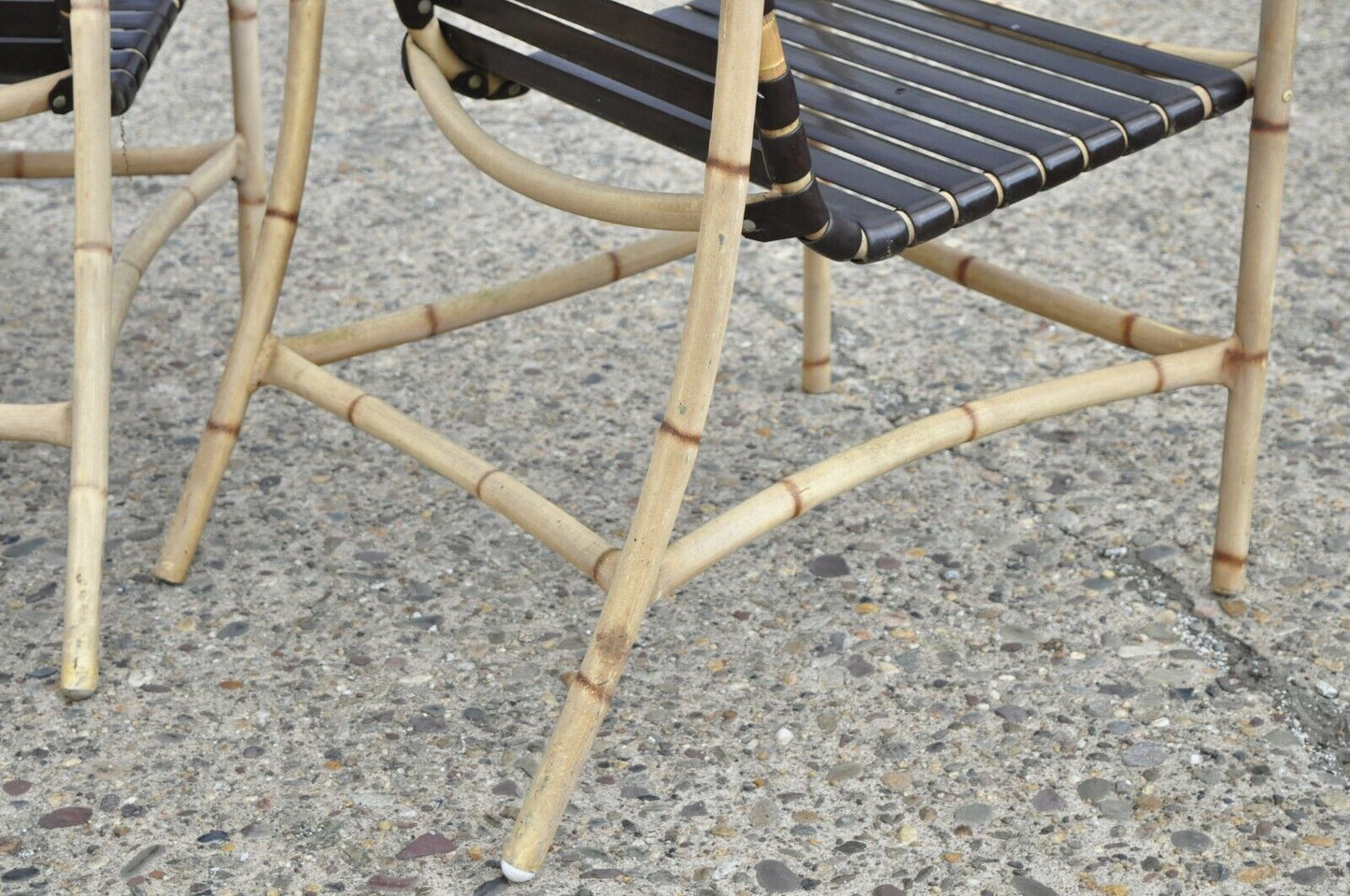 Faux Bamboo Chinese Chippendale Aluminum Vinyl Strap Patio Arm Chairs - a Pair