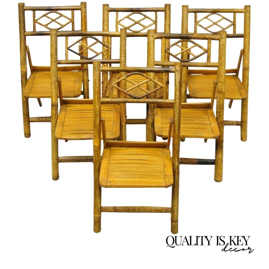 6 Vintage Childrens Bamboo Folding Game Dining Chairs Tiki Rattan Cane Furniture