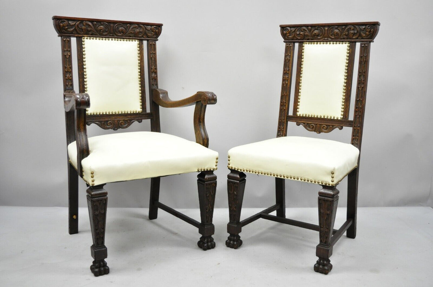 6 Antique Italian Renaissance Carved Oak Wood Upholstered Dining Chairs