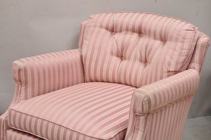 Pair Vintage Custom Pink Candy Stripe Upholstered Swivel Tilt Club Lounge Chairs