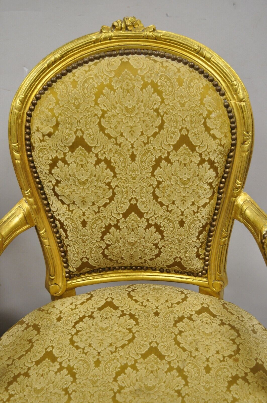 Vintage French Louis XVI Gold Leaf Balloon Back Fauteuil Arm Chairs - a Pair