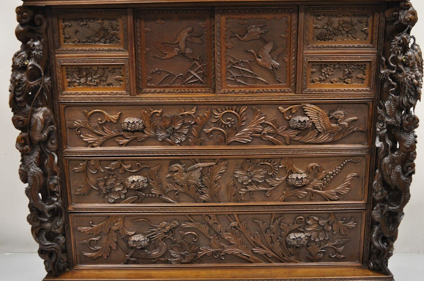 Japanese Art Nouveau Dragon Carved Dresser Cabinet, Chest of Drawers w/ Mirror