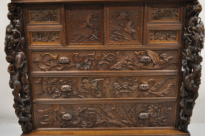 Japanese Art Nouveau Dragon Carved Dresser Cabinet, Chest of Drawers w/ Mirror