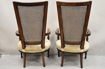 Vintage Hollywood Regency Tall Cane Back Fireside Lounge Armchairs - a Pair