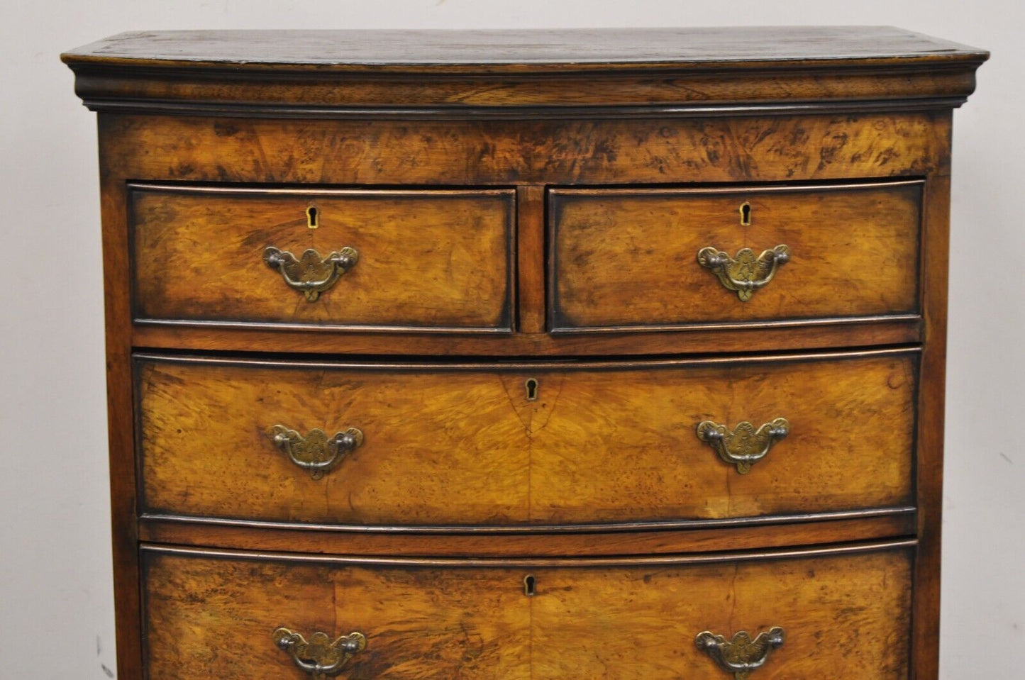 19th C English George II Burl Walnut Chest on Chest Dresser Chest of 8 Drawers